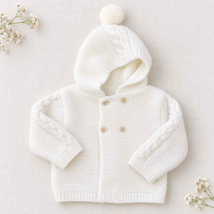 Cappottino battesimo bimbo bianco latte in maglia con cappuccio e pompon, trecce decorative sulle maniche e chiusura doppiopetto con bottoni chiari.