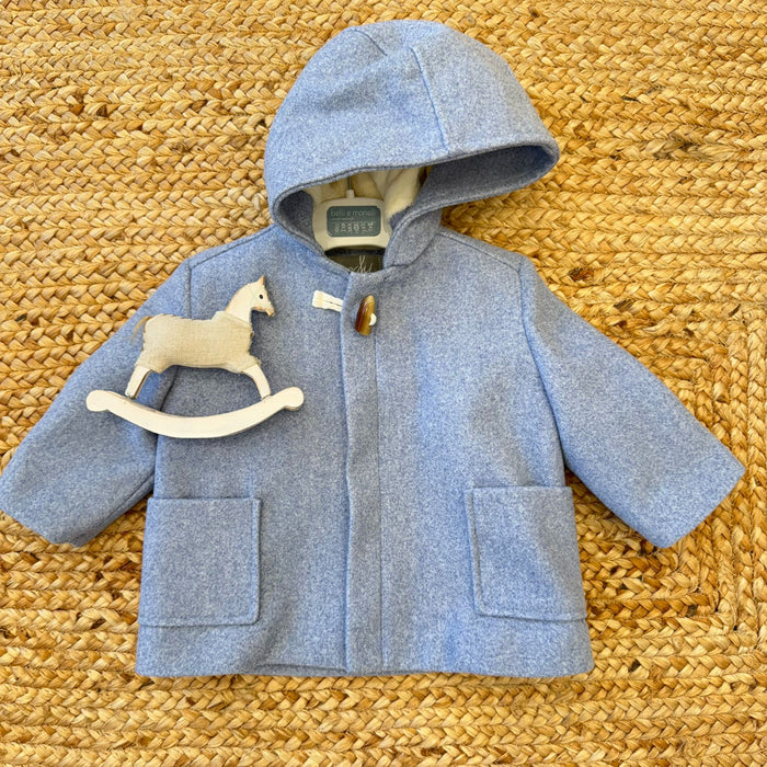 cappottino bimbo in panno di lana azzurro con cappuccio e chiusura alamaro
