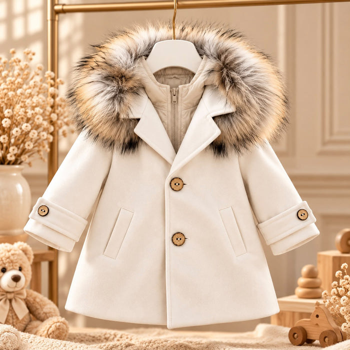 Cappotto bimbo elegante beige con cappuccio bordato in pelliccia, revers e bottoni effetto naturale