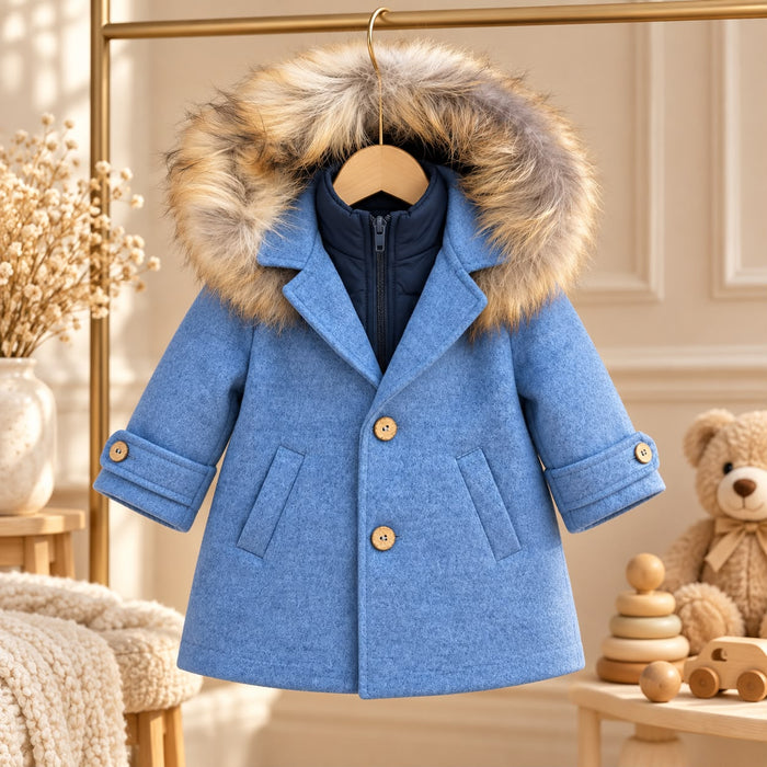 Dettaglio cappotto bimbo elegante azzurro mélange con bottoni effetto legno.