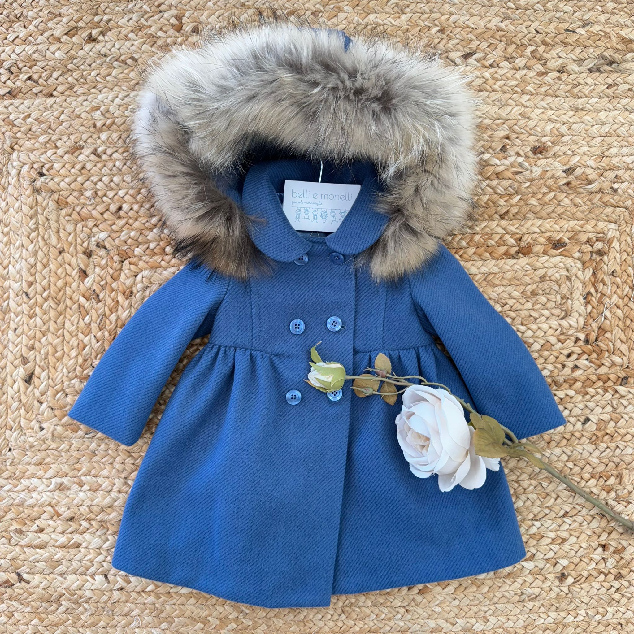 Cappotto bimba azzurro polvere con cappuccio e pelliccia