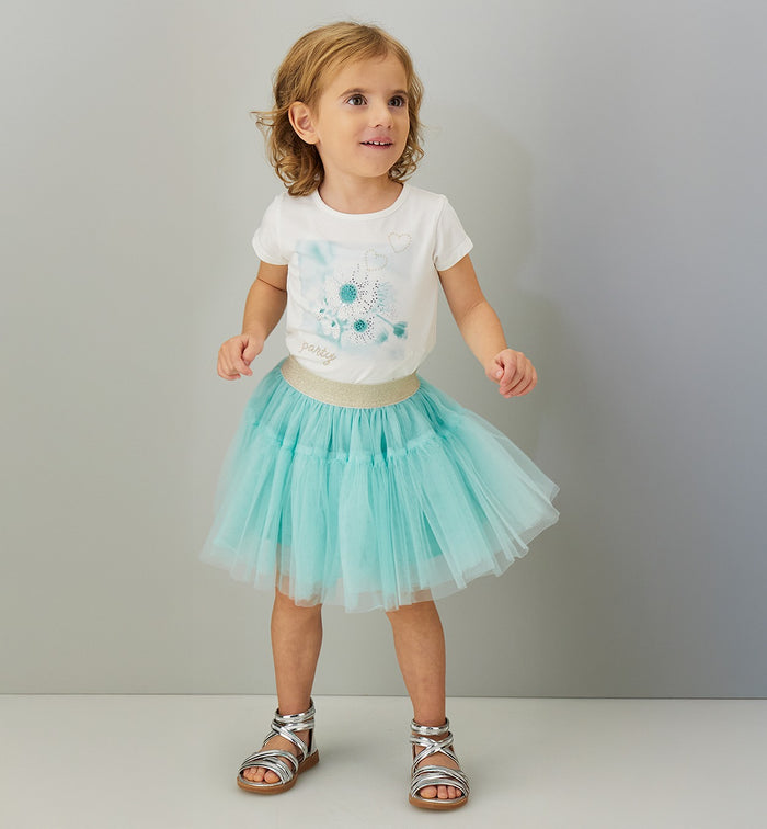 completo bambina con t-shirt decorata e gonna in tulle verde acqua