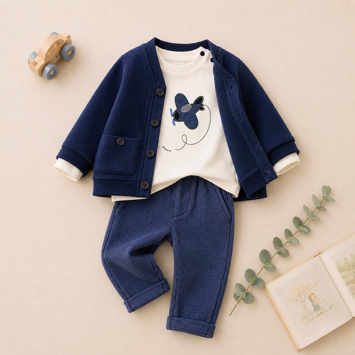 Completo bambino con cardigan celeste in maglia, maglia con orsetti e jeans blu