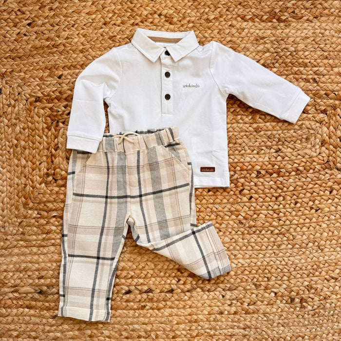 completo bambino con polo bianca e pantalone check in cotone