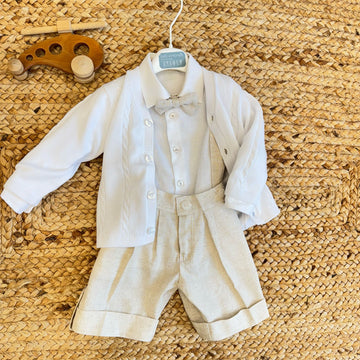 completo battesimo bambino lino salopette bianco beige