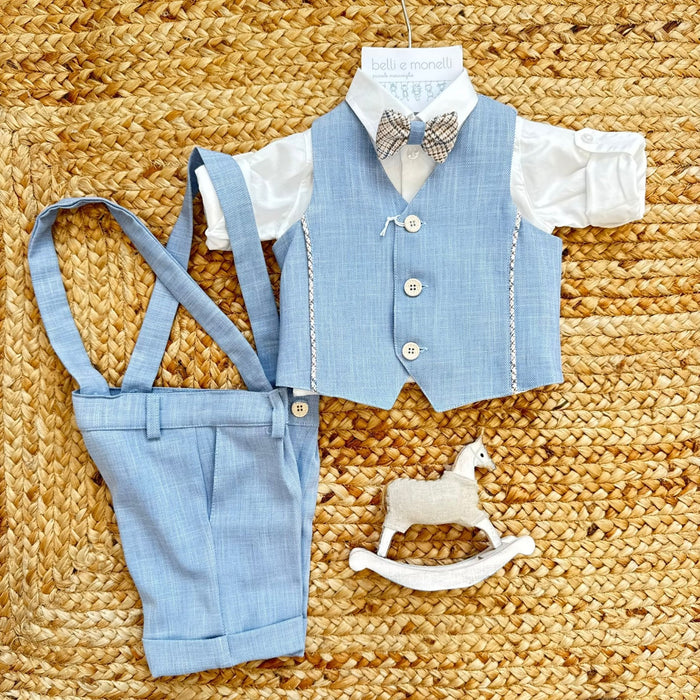 completo battesimo bimbo azzurro con gilet e bretelle