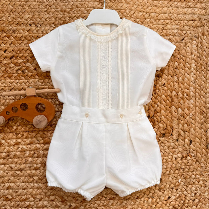 Completo battesimo bimbo bianco con dettagli panna e pizzo elegante