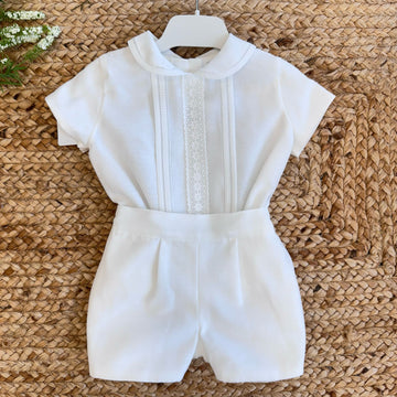Completo bianco battesimo bimbo con fascia ricamata