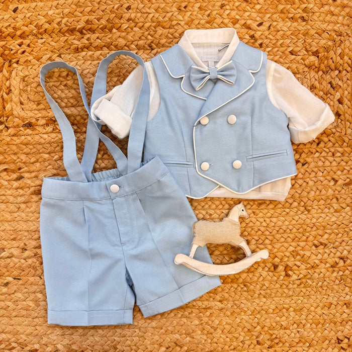 completo battesimo bimbo celeste con gilet doppiopetto e salopette