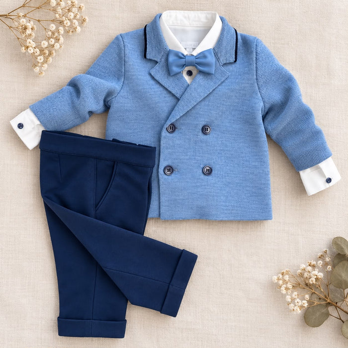 Completo battesimo bimbo azzurro e blu con dettaglio papillon e camicia bianca