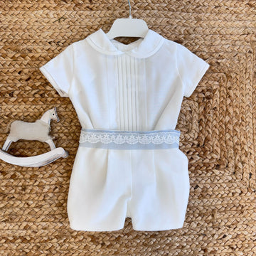 Completo bianco bimbo battesimo con fascia celeste