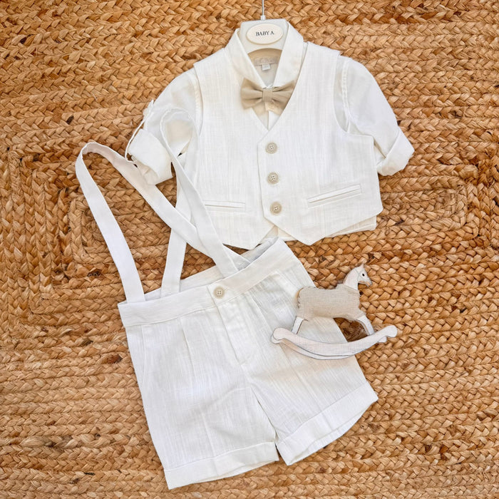 completo battesimo bimbo panna con gilet e salopette elegante