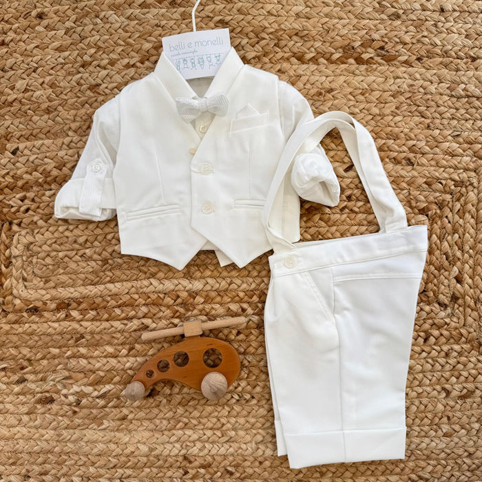 completo battesimo neonato bianco latte elegante con gilet e papillon