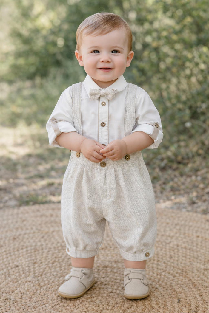 completo battesimo neonato con bretelle beige e camicia panna