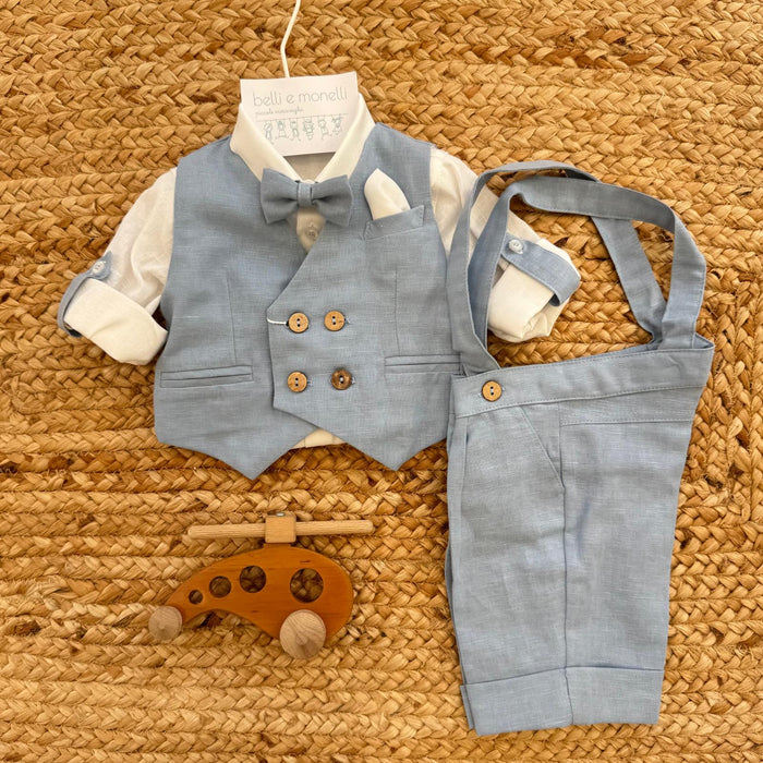 completo battesimo neonato azzurro polvere cotone e lino con gilet doppiopetto e papillon