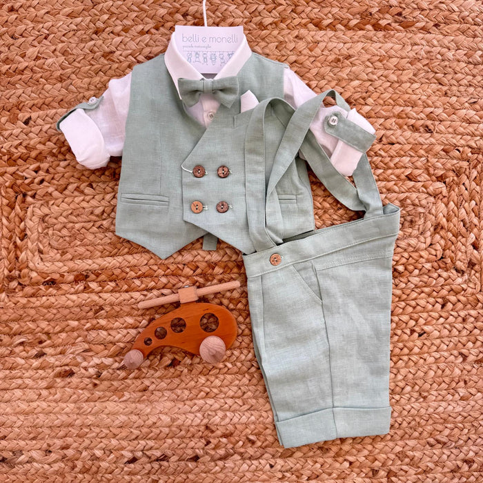completo battesimo neonato verde salvia cotone lino con gilet e papillon