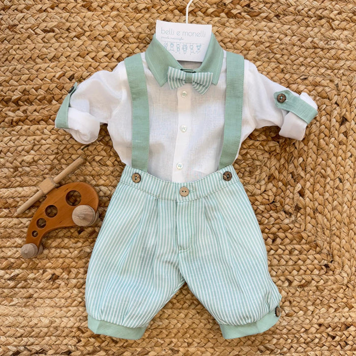 completo battesimo neonato verde salvia rigato con bretelle e papillon