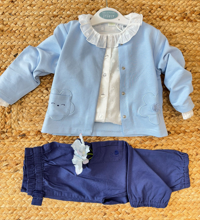 completo bimba azzurro e blu navy con giacchina ricamata