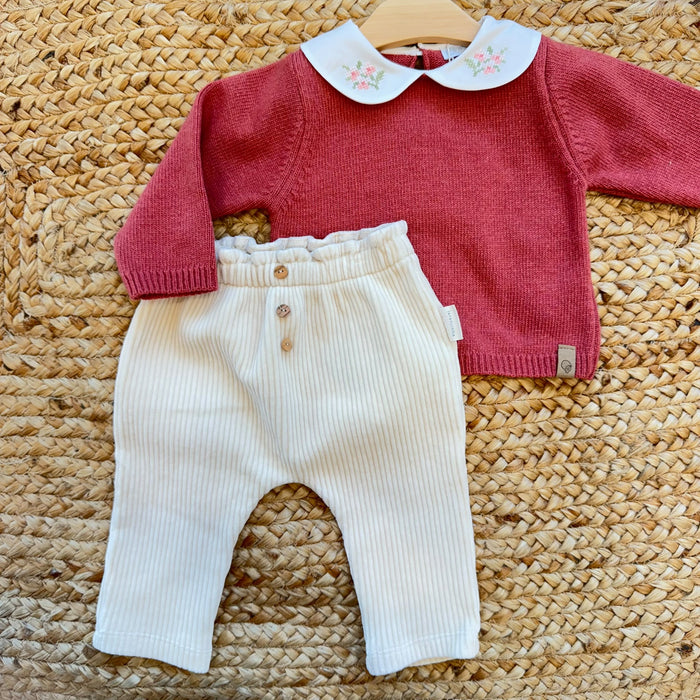 Completo bimba con maglia in cashmere e lana merino e pantalone panna a coste