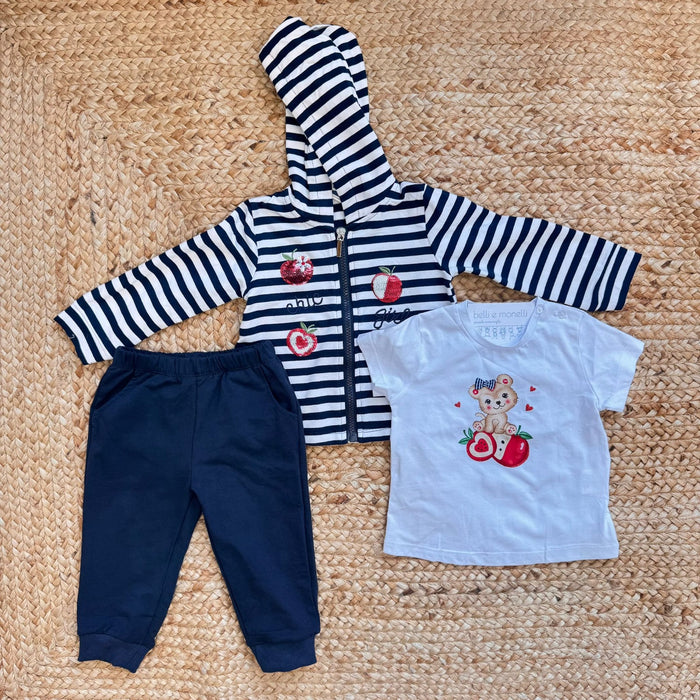 completo bimba cotone 3 pezzi blu felpa righe pantalone t-shirt