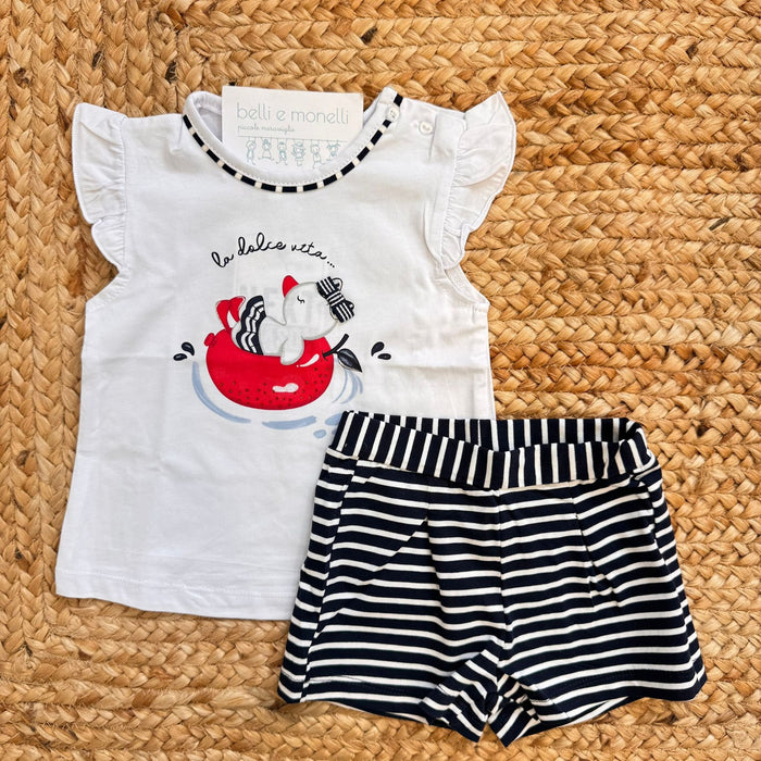 completo bimba cotone t-shirt bianca stampa marina e shorts rigati blu