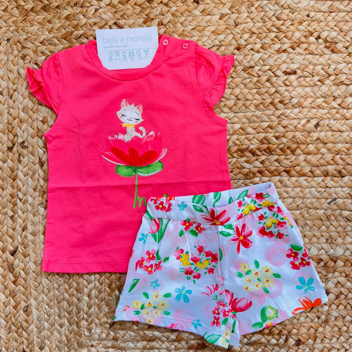 completo bimba cotone t-shirt corallo e shorts floreali estivi