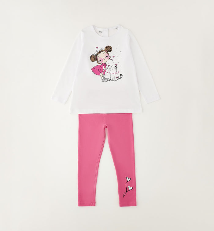 completo bimba cotone maglia panna stampa bambina e leggings rosa