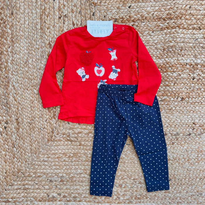 completo bimba cotone rosso con leggings blu pois casual chic