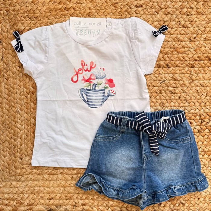 completo bimba cotone t-shirt bianca e shorts denim con balze