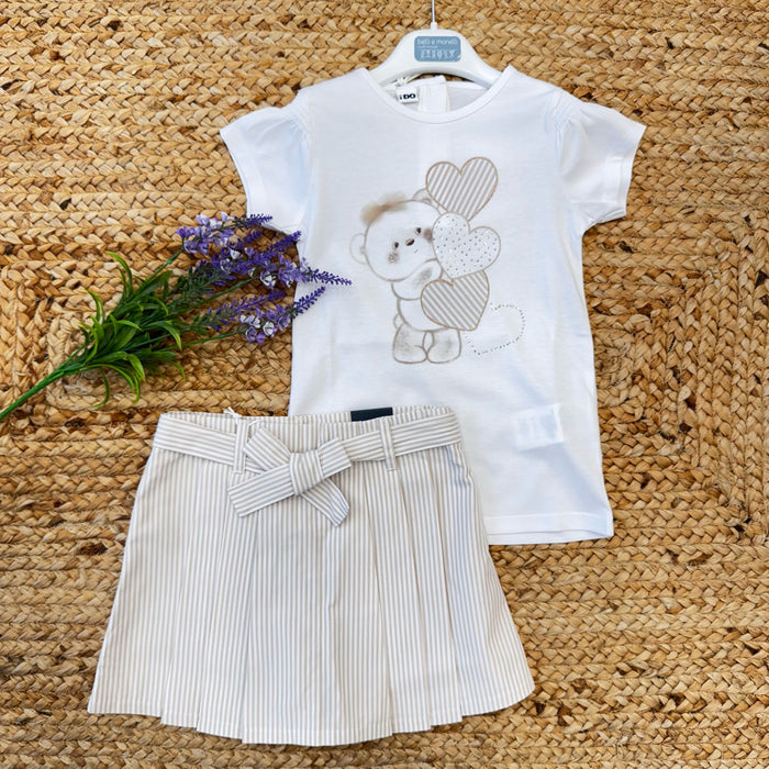Completo bimba iDO con t-shirt orsetto e cuori e gonna pantalone a righe