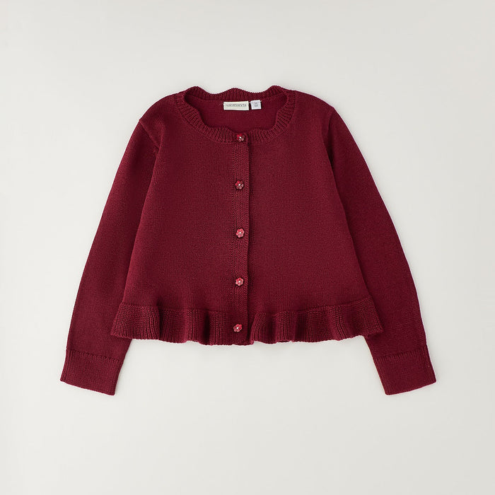 Cardigan bimba color prugna con bottoni e volant sul fondo