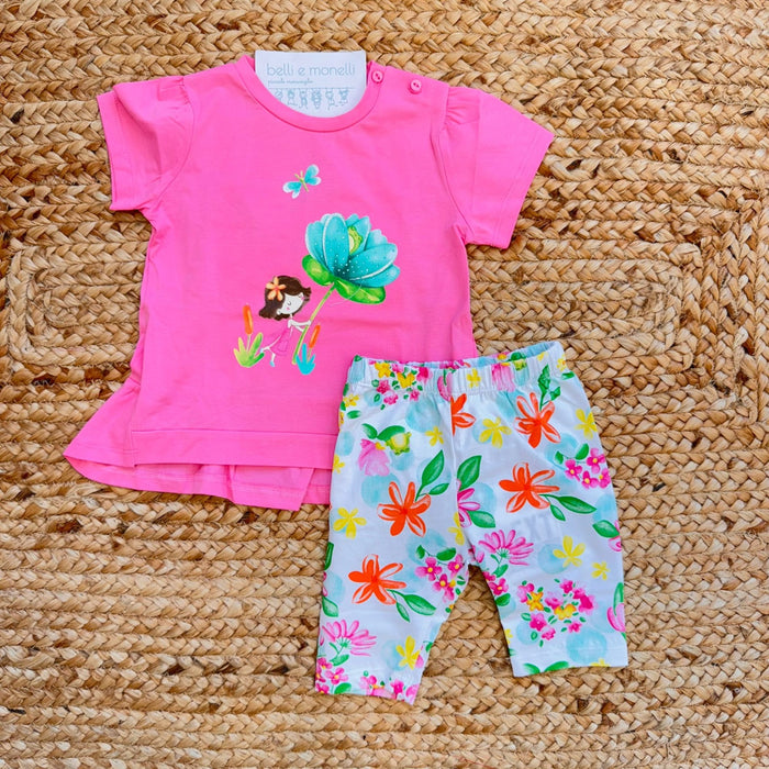 completo bimba cotone rosa t-shirt stampa floreale pantaloncino fantasia