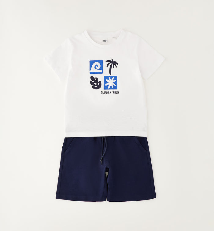 Completo bimbo con t-shirt bianca stampa summer vibes e bermuda blu