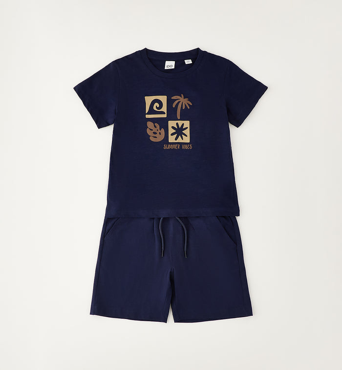 Completo bimbo blu con t-shirt stampa summer vibes e bermuda coordinati
