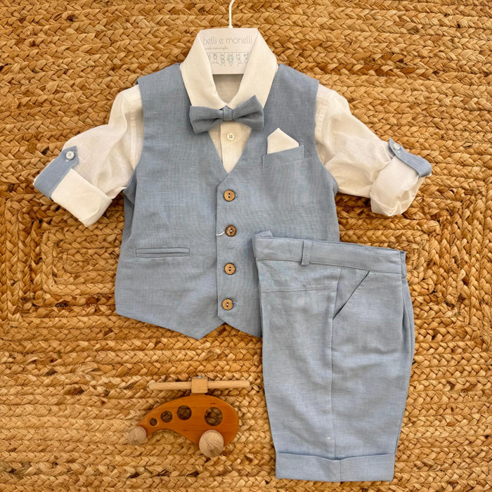 completo bimbo elegante azzurro cotone lino con gilet e papillon