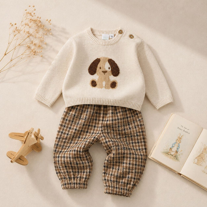 Completo bimbo con maglioncino panna con cagnolino e pantalone fantasia check nei toni beige e marrone
