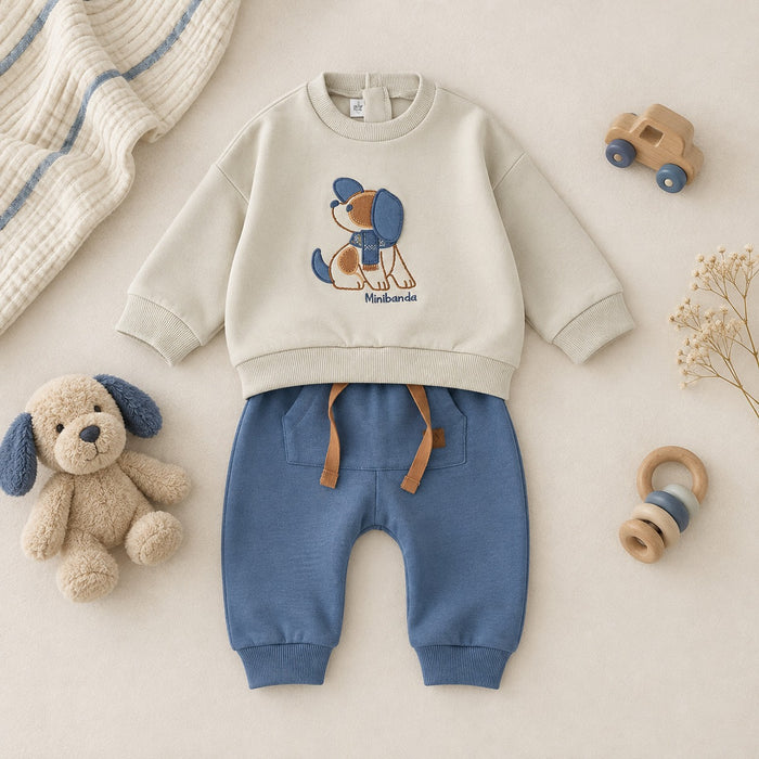Completo bimbo Minibanda in cotone con felpa panna ricamata con cagnolino e pantalone blu