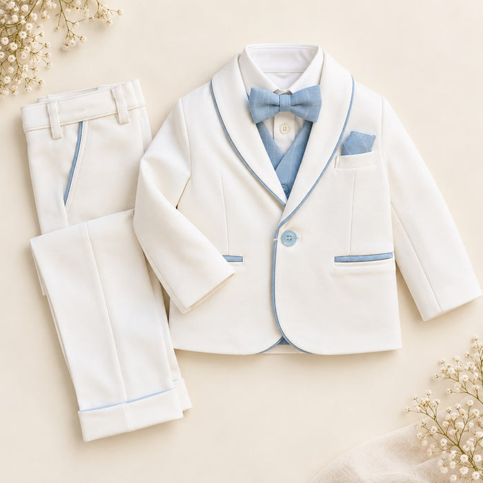 Completo battesimo bimbo bianco e celeste con giacca, pantalone lungo, gilet, papillon e pochette