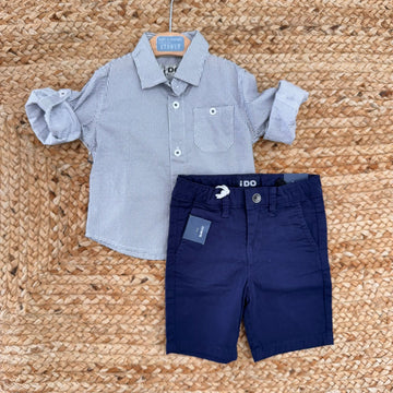 Completo estivo iDO con camicia microfantasia e bermuda blu