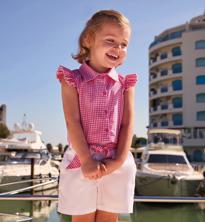 completo estivo bambina vichy rosa con pantaloncino bianco