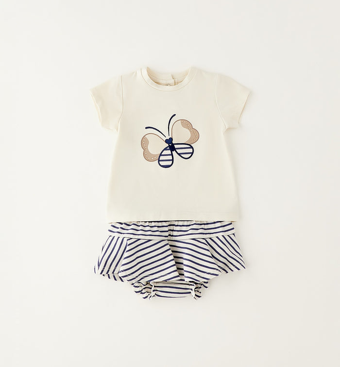 Completo estivo bimba con maglietta farfalla ricamata e bloomer a righe