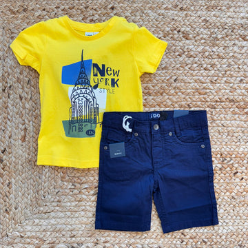 Completo estivo bambino con t-shirt gialla e bermuda blu