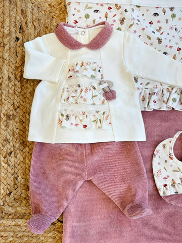 Completo invernale neonata con colletto rosa, stampa bosco e pantalone caldo