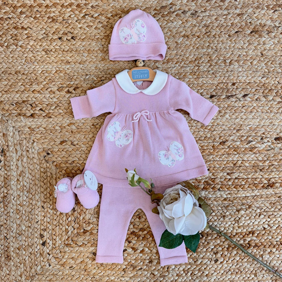 COMPLETO NASCITA NEONATA ROSA CON FARFALLE FLOREALI E SCARPINE