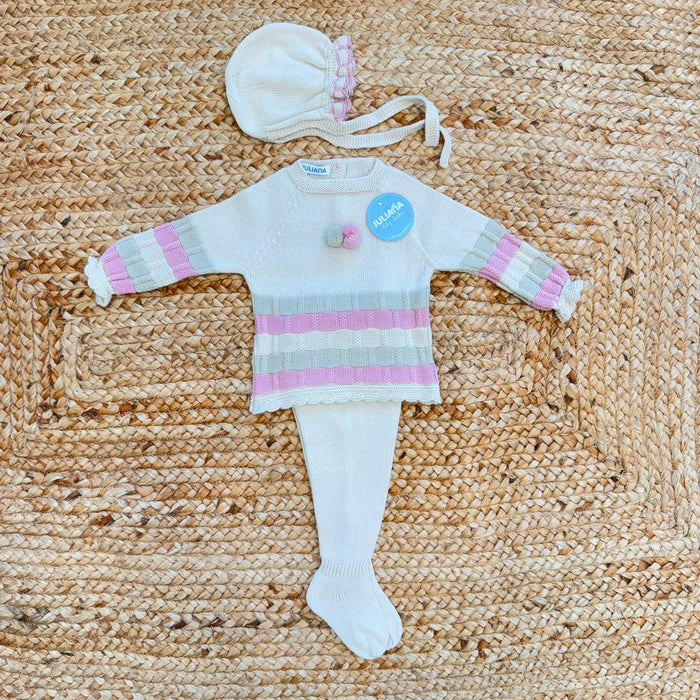 Completo nascita neonata Juliana panna con righe rosa e verde salvia