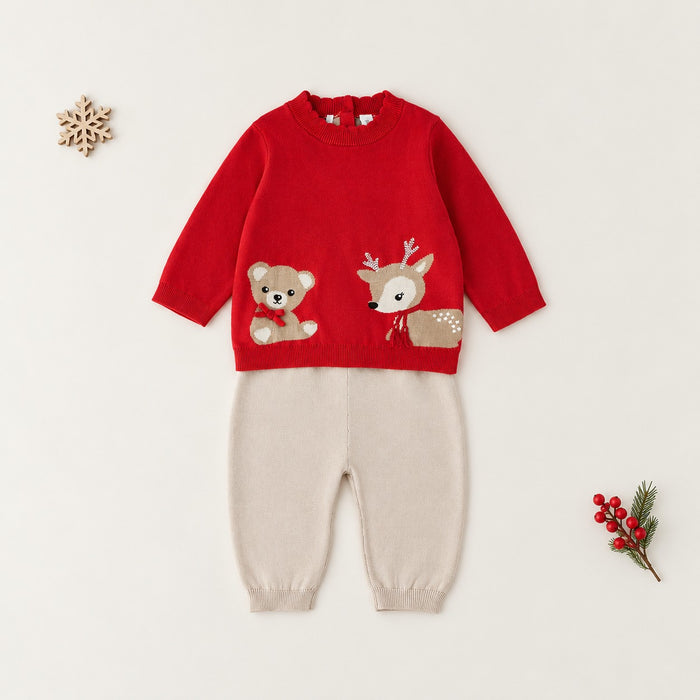 Completo natalizio neonata in cotone con maglioncino rosso orsetto e renna e pantaloni panna