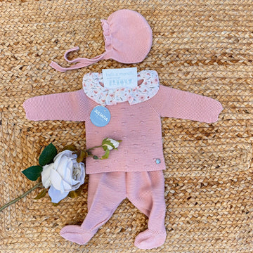 Completo neonata rosa con colletto a fiori e cuffietta
