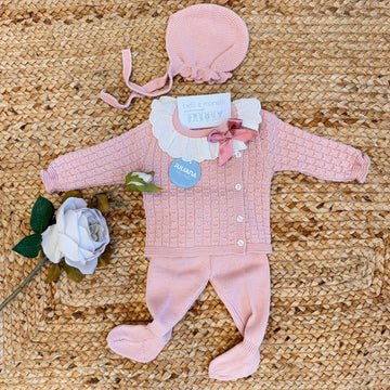 Completo neonata rosa con colletto ricamato e fiocco