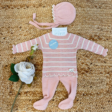 Completo neonata rosa a righe con cuffietta abbinata