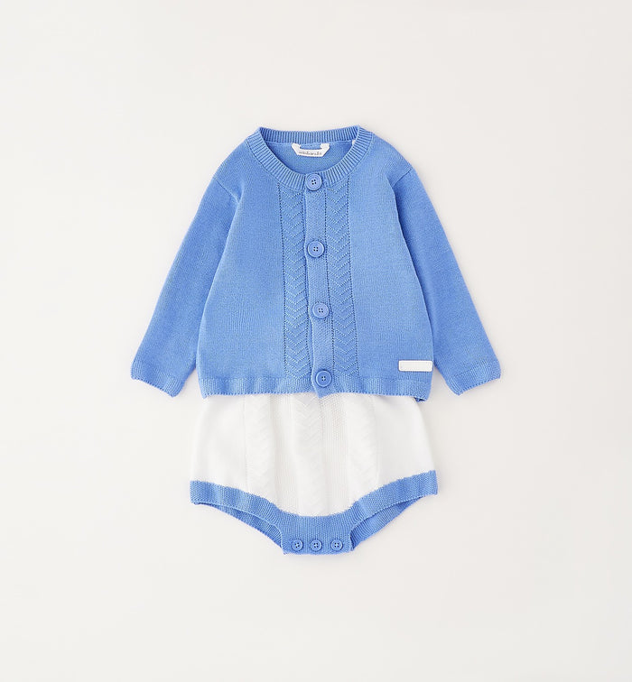 Completo neonato 100% cotone con cardigan azzurro e copripannolino bianco